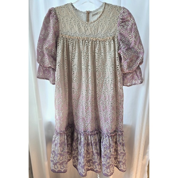 Girls Size 14 Ombre Eyelet Easter Dress Pink Purple Long Sleeve Cottagecore Boho - Picture 2 of 14